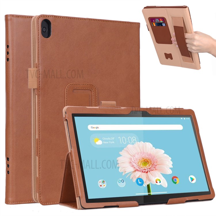 PU Leather Tablet Shell with Elastic Hand Strap for Lenovo Tab M10 TB-X605F - Brown-1