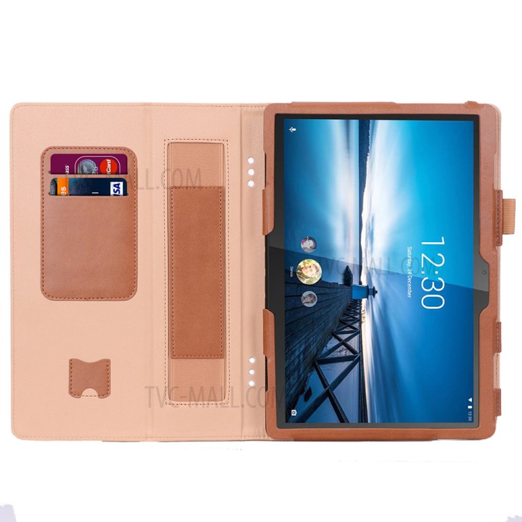 PU Leather Tablet Shell with Elastic Hand Strap for Lenovo Tab M10 TB-X605F - Brown-10