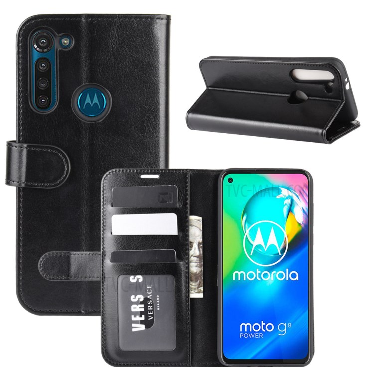 Crazy Horse Skin Leather Wallet Case for Motorola Moto G8 Power - Black-1