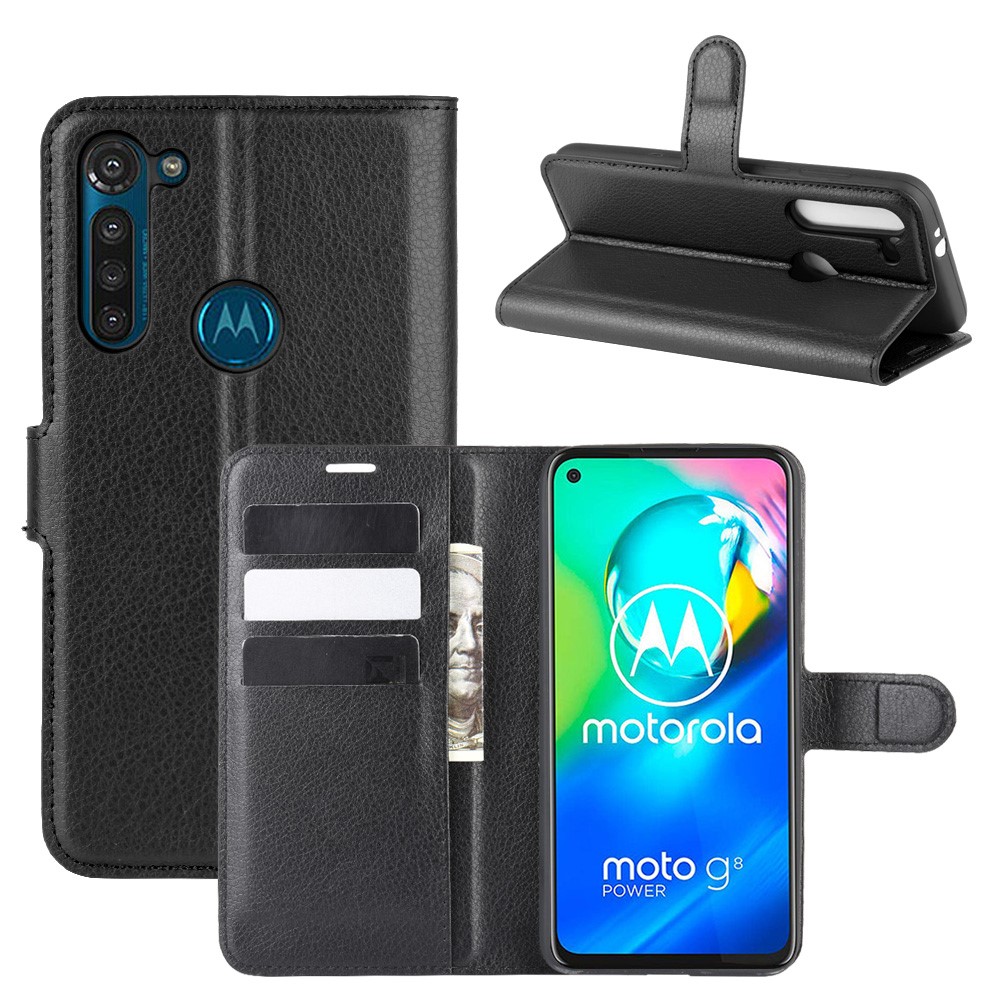 Litchi Skin with Wallet Leather Cover for Motorola Moto G8 Power - Black-1