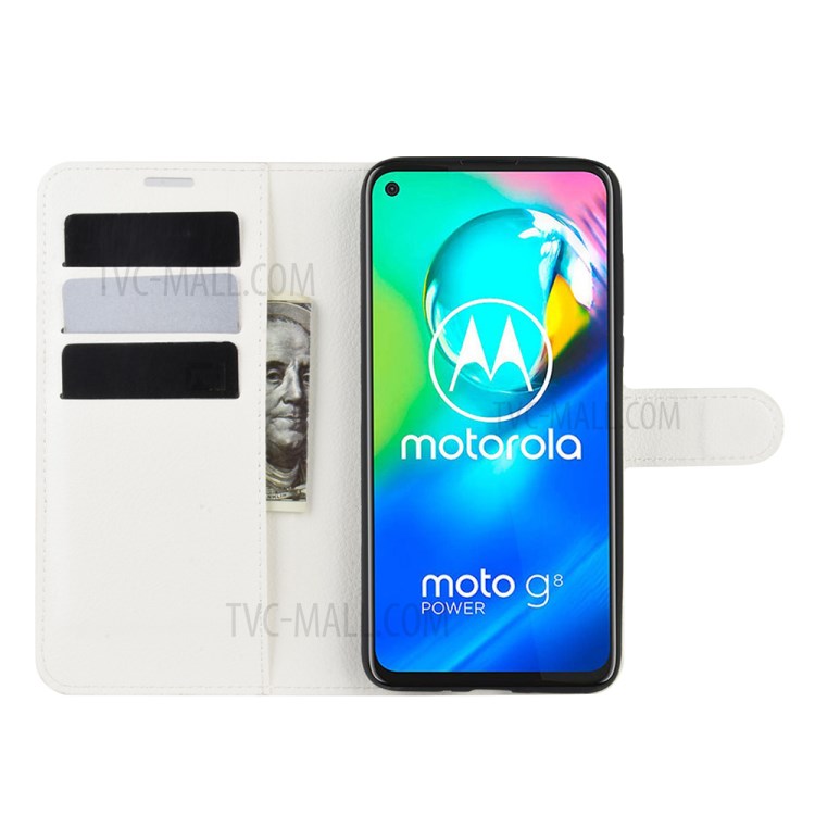 Litchi Skin with Wallet Leather Cover for Motorola Moto G8 Power - White-4