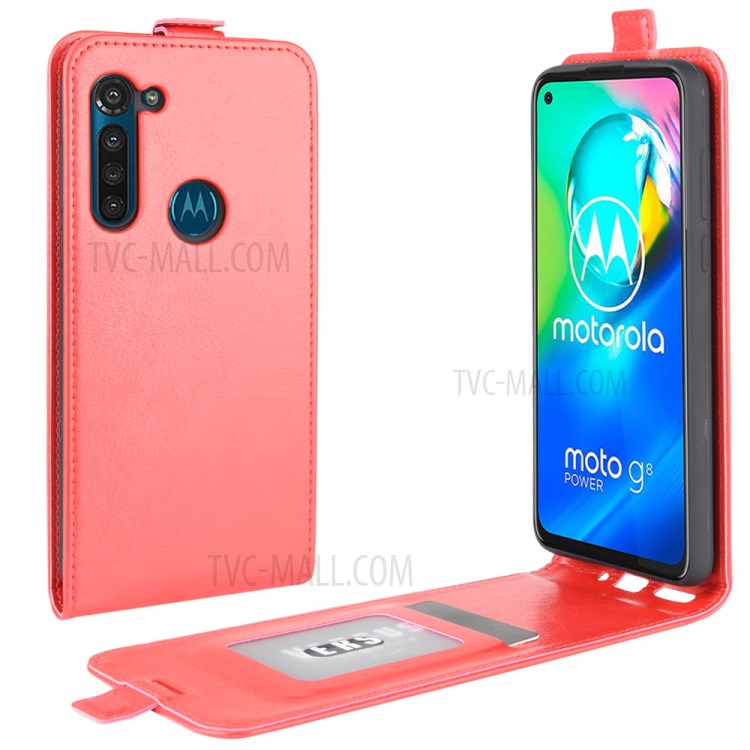 Vertical Flip Crazy Horse Leather with Card Holder Shell for Motorola Moto G8 Power - Red-1
