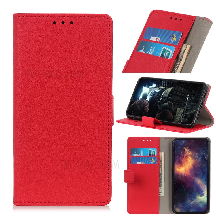 PU Leather Wallet Stand Protective Shell Cover for Motorola Moto G8 Power Lite - Red-1