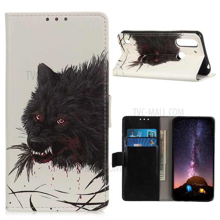 Pattern Printing Flip Leather Wallet Stand Phone Cover for Motorola Moto G8 Power Lite - Black Wolf-1