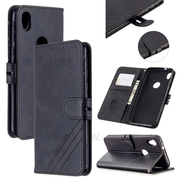 Wallet Leather Stylish Cover with Strap for Motorola Moto E6 - Black-1