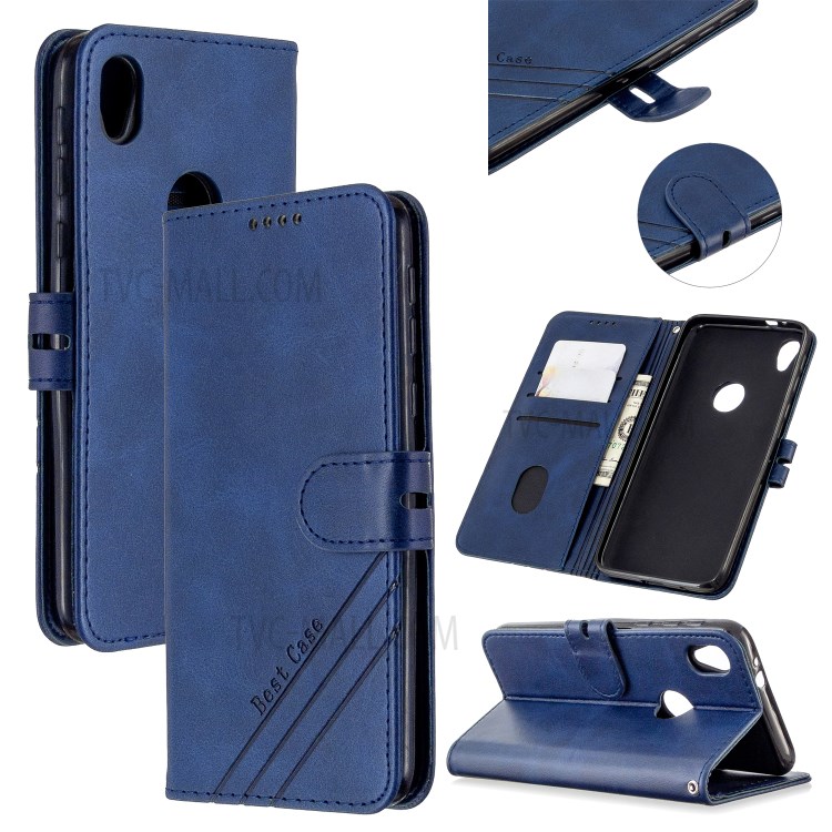 Couverture Élégante En Cuir Portefeuille Avec Sangle Pour Motorola Moto E6 - Bleu-1