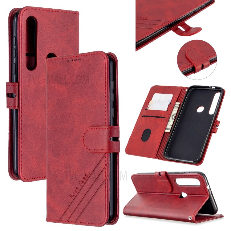 Wallet Leather Stand Phone Case with Lanyard for Motorola Moto G8 Plus - Red-1