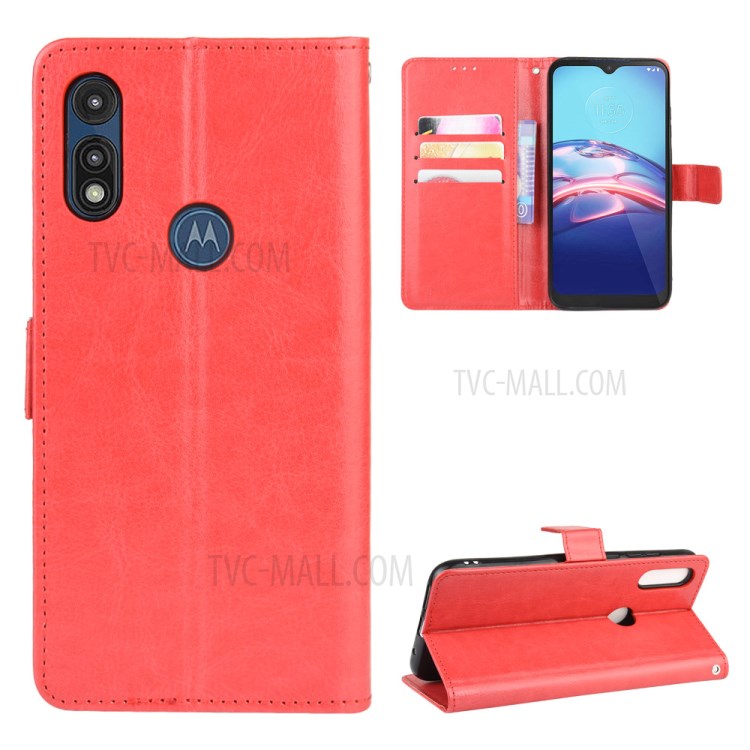 Crazy Horse Leather Cover with Wallet Stand Mobile Phone Shell for Motorola Moto E (2020) - Red-1