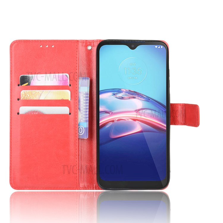 Crazy Horse Leather Cover with Wallet Stand Mobile Phone Shell for Motorola Moto E (2020) - Red-4