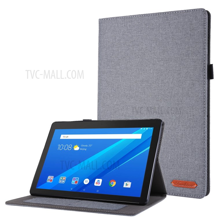 Cloth Texture Leather Tablet Shell with Card Holder Stand for Lenovo Tab E10 - Grey-1