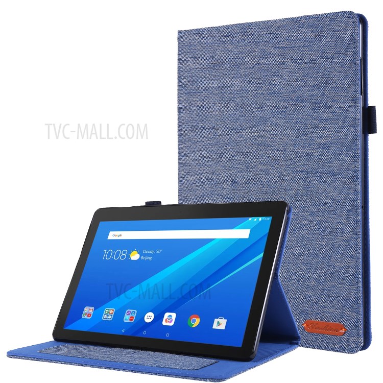 Cloth Texture Leather Tablet Shell with Card Holder Stand for Lenovo Tab E10 - Blue-1