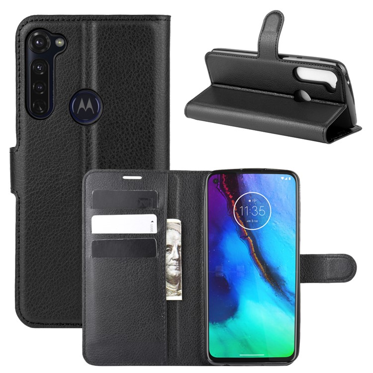 Litchi Skin Wallet Leather Shell for Motorola Moto G Stylus - Black-2