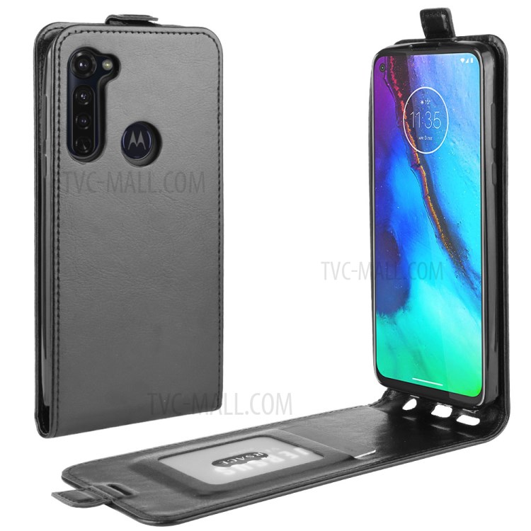 Louco Titular Do Cartão Caso Vertical, Aleta Couro De Cavalo Para Motorola Moto G Stylus - Preto-4