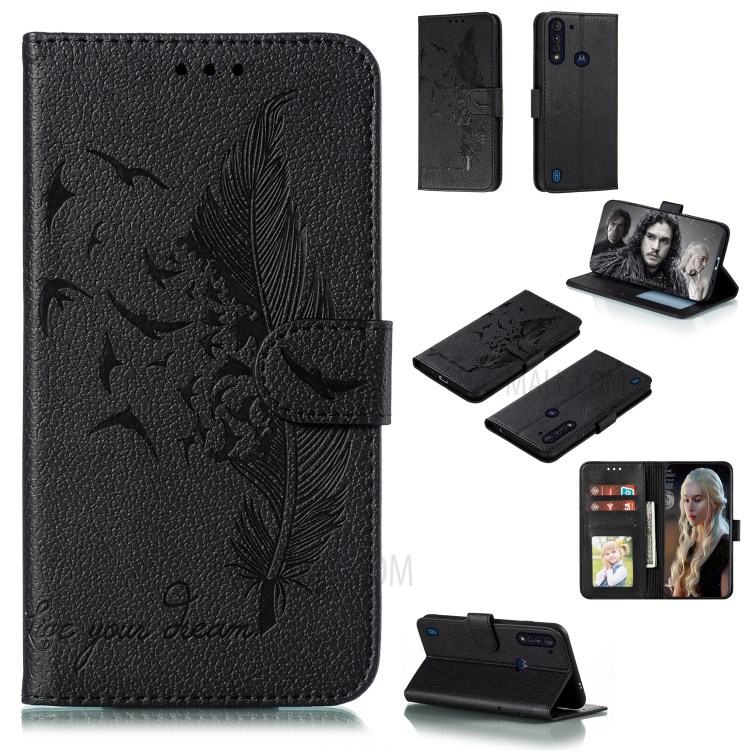 Litchi Texture Imprint Feather Leather Case for Motorola Moto G8 Power Lite - Black-1