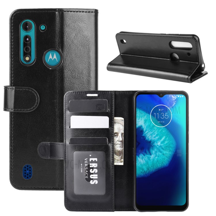Caso Suporte Do Telefone Crazy Horse Carteira Capa De Couro Para Motorola Lite Poder Moto G8 - Preto-1