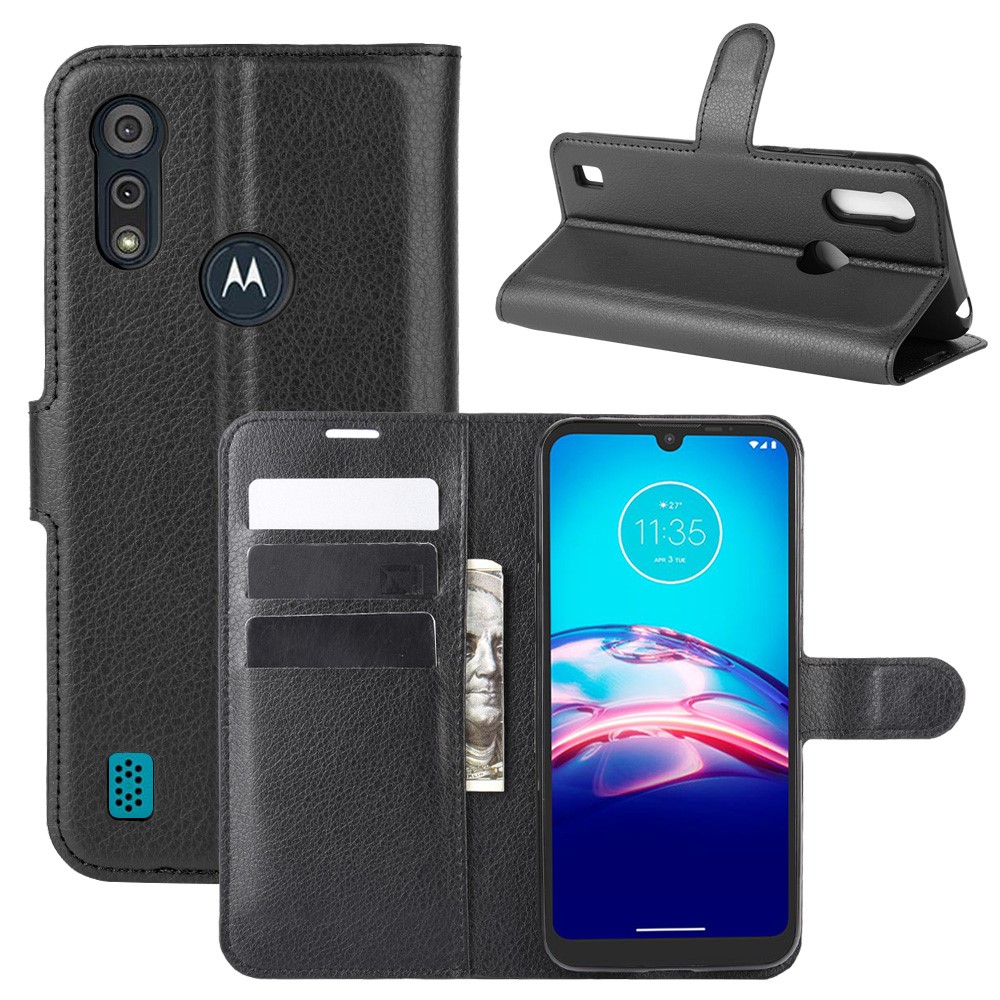 Litchi Surface with Wallet Leather Shell for Motorola Moto E6s (2020) - Black-1