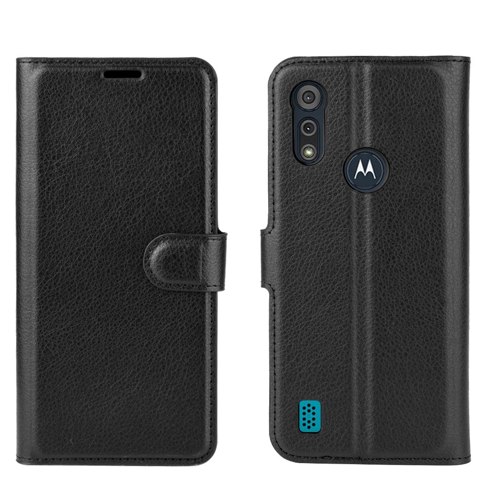 Superfície Litchi Com Casca de Couro da Carteira Para Motorola Moto E6s (2020) - Preto