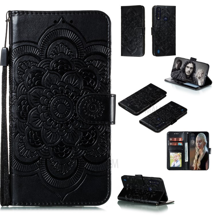 Flor Mandala Tampa Do Telefone De Couro Marca Para Motorola Lite Poder Moto G8 - Preto-1