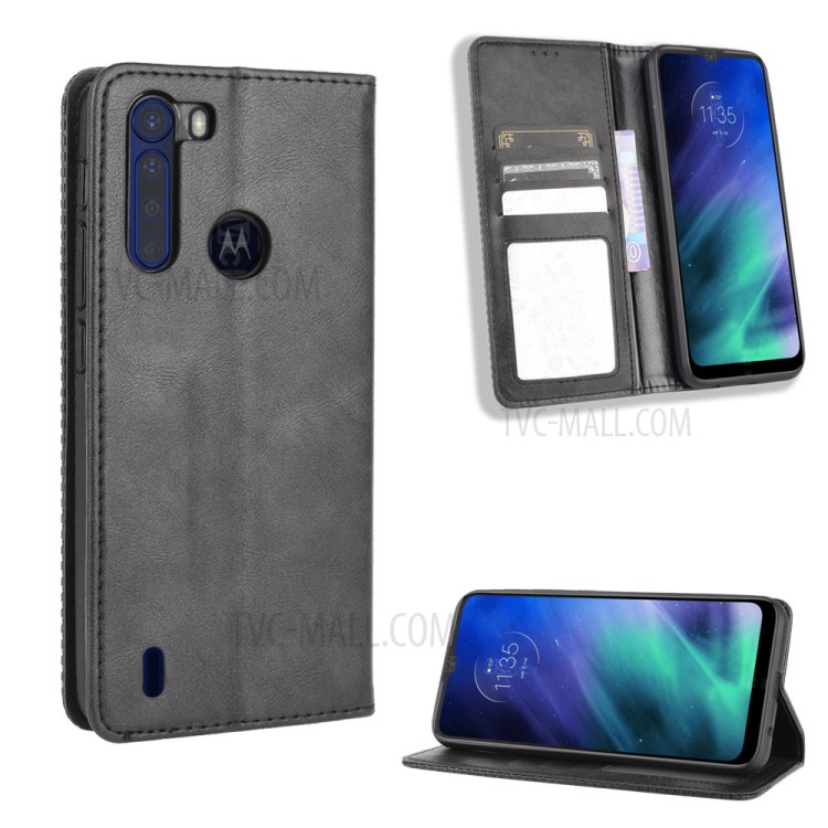 Vintage Style Wallet Leather Stand Case for Motorola Moto One Fusion - Black-1