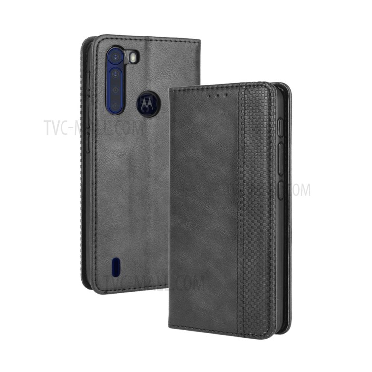 Vintage Style Wallet Leather Stand Case for Motorola Moto One Fusion - Black-2