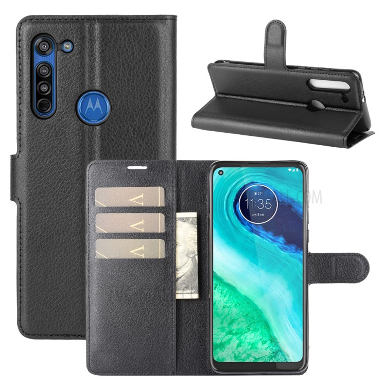 Litchi Surface Leather Cover with Wallet Shell for Motorola Moto G8 - Black-1