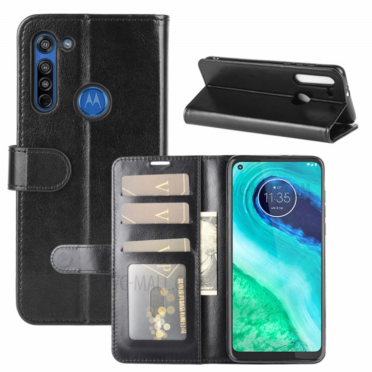 Crazy Horse Leather Wallet Stand ProtectiveCover for Motorola Moto G8 - Black-1