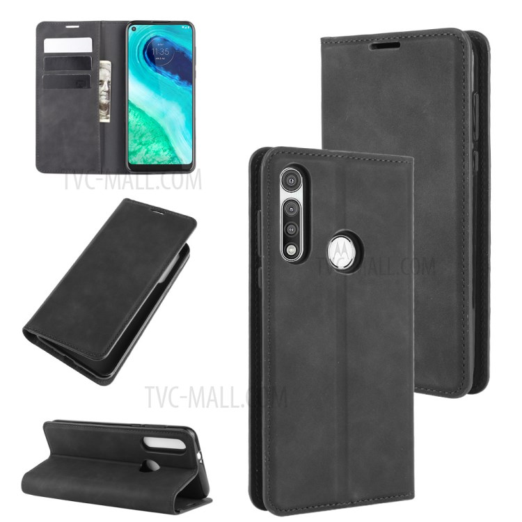 Silky Touch Leather with Wallet Stand Case for Motorola Moto G Fast - Black-1