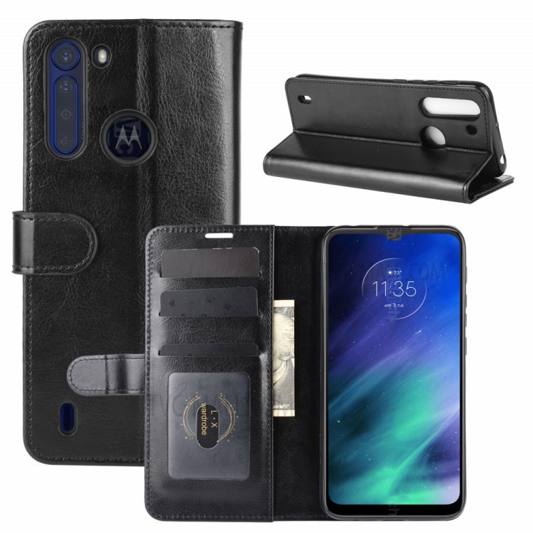 Crazy Horse Wallet Leather Cover Phone Case with Stand for Motorola Moto One Fusion - Black-1