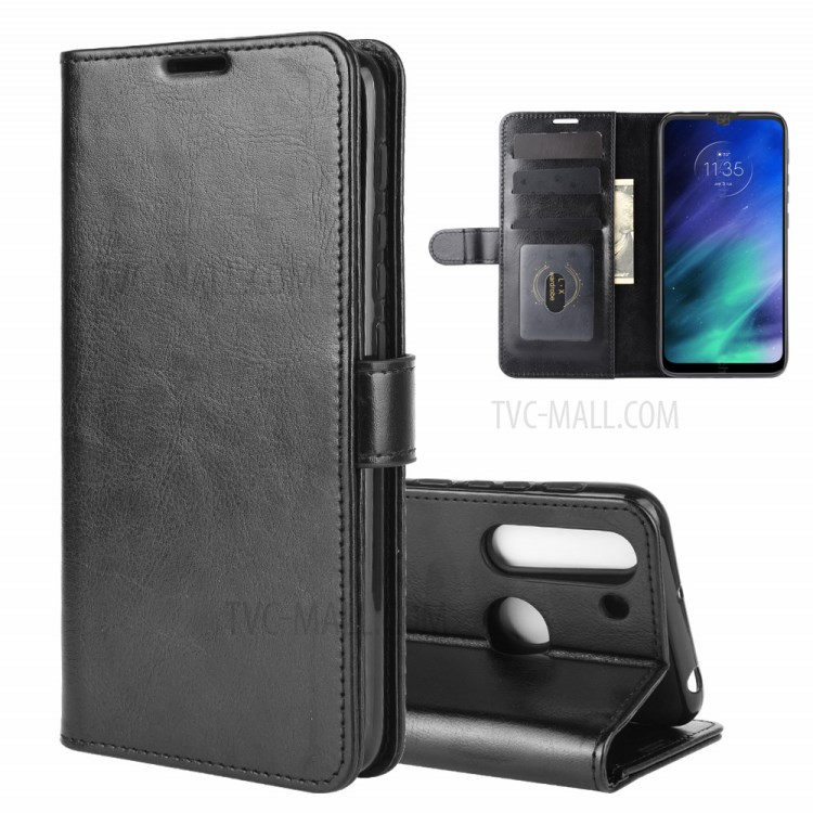 Crazy Horse Wallet Leather Cover Phone Case with Stand for Motorola Moto One Fusion - Black-2