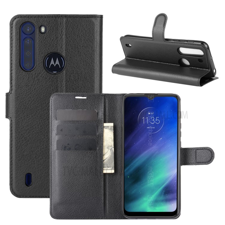 Litchi Skin Magnetic Leather Stand Case for Motorola Moto One Fusion - Black-1