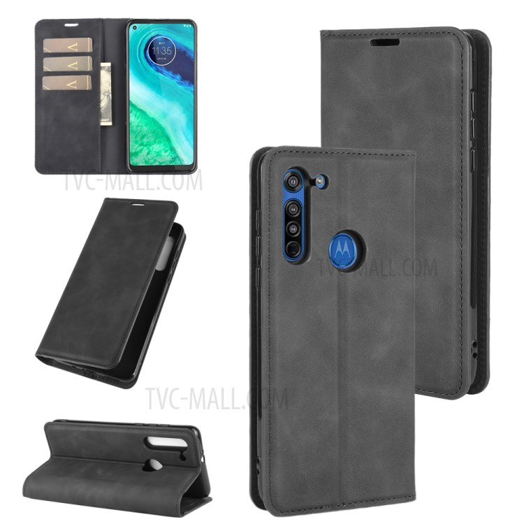 Silky Touch Phone Case Leather Wallet Stand Flip Cover for Motorola Moto G8 - Black-1