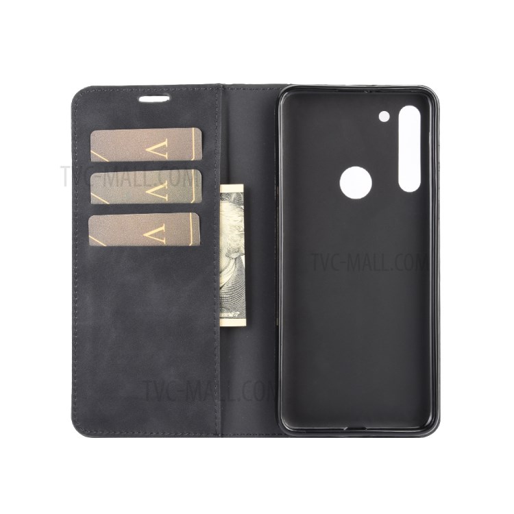 Silky Touch Phone Case Leather Wallet Stand Flip Cover for Motorola Moto G8 - Black-2