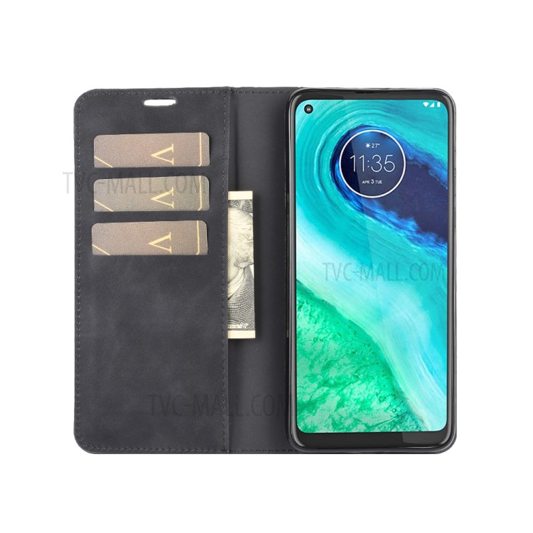 Silky Touch Phone Case Leather Wallet Stand Flip Cover for Motorola Moto G8 - Black-3