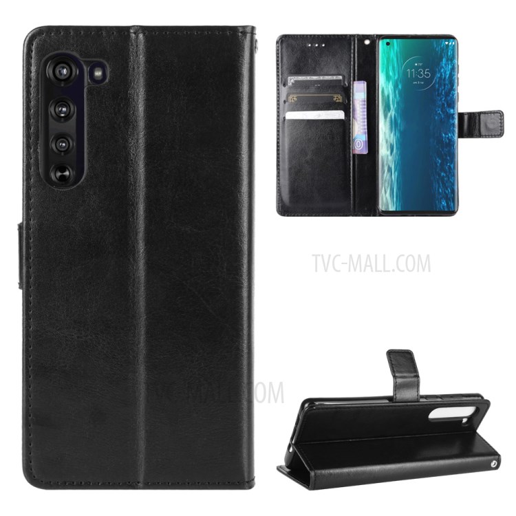 Crazy Horse PU Leather Wallet Stand Case for Motorola Edge - Black-1