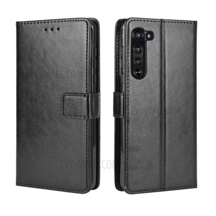 Crazy Horse PU Leather Wallet Stand Case for Motorola Edge - Black-2