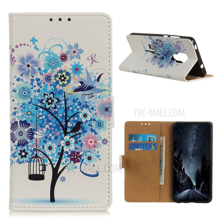 Pattern Printing Protector PU Leather Wallet Stand Phone Shell for Motorola Moto G9 Play - Blue Tree-1