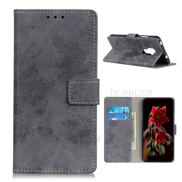 Retro Style Leather Wallet Protective Stand Phone Cover for Motorola Moto G9 Play - Grey-1