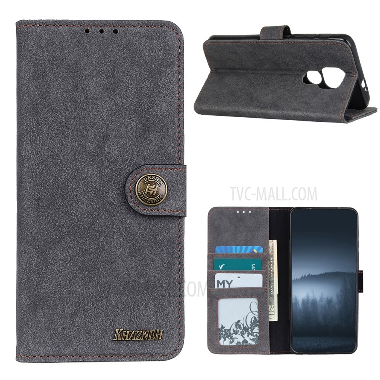 KHAZNEH Retro Split Leather Shell Wallet Stand Case Accessory for Motorola Moto G9 Play - Black-1