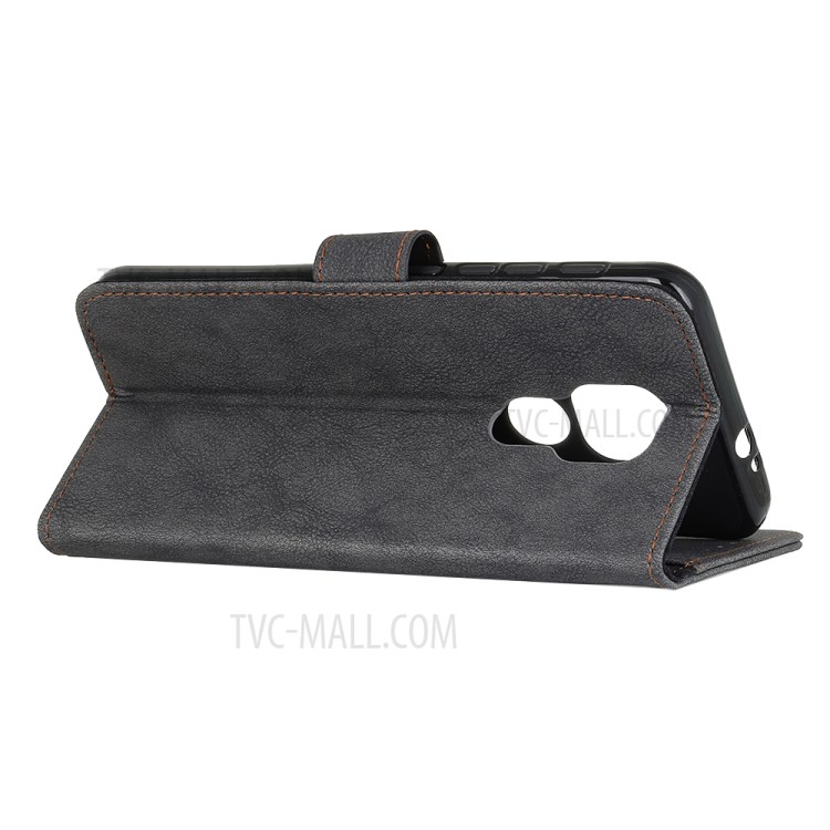KHAZNEH Retro Split Leather Shell Wallet Stand Case Accessory for Motorola Moto G9 Play - Black-5