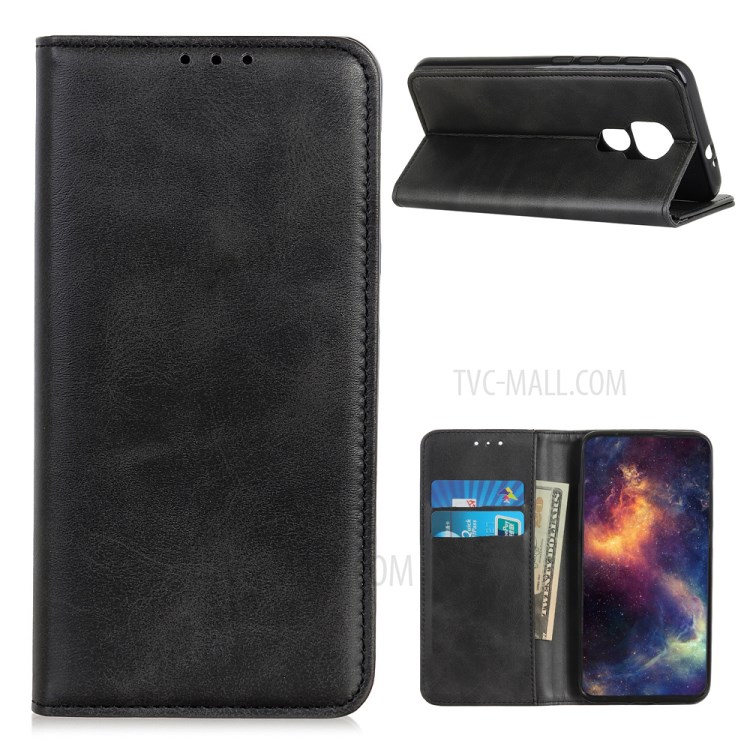 Auto-absorbed Split Leather Casing Wallet Mobile Shell for Motorola Moto G9 Play - Black-1