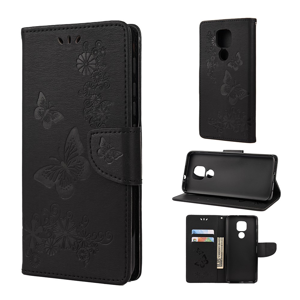 Imprint Butterfly Flower Leather Shell for Motorola Moto G9 Play - Black-1