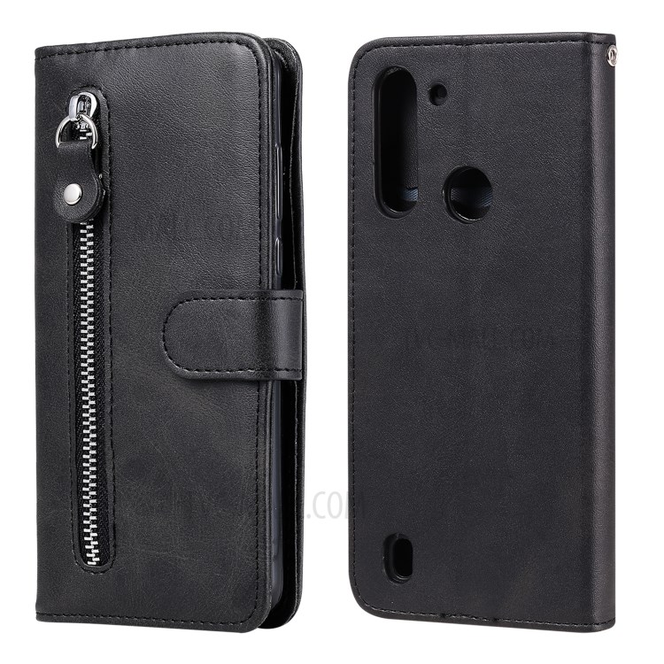 Zipper Pocket Wallet Leather Stand Cover Case for Motorola Moto G8 Power Lite - Black-1