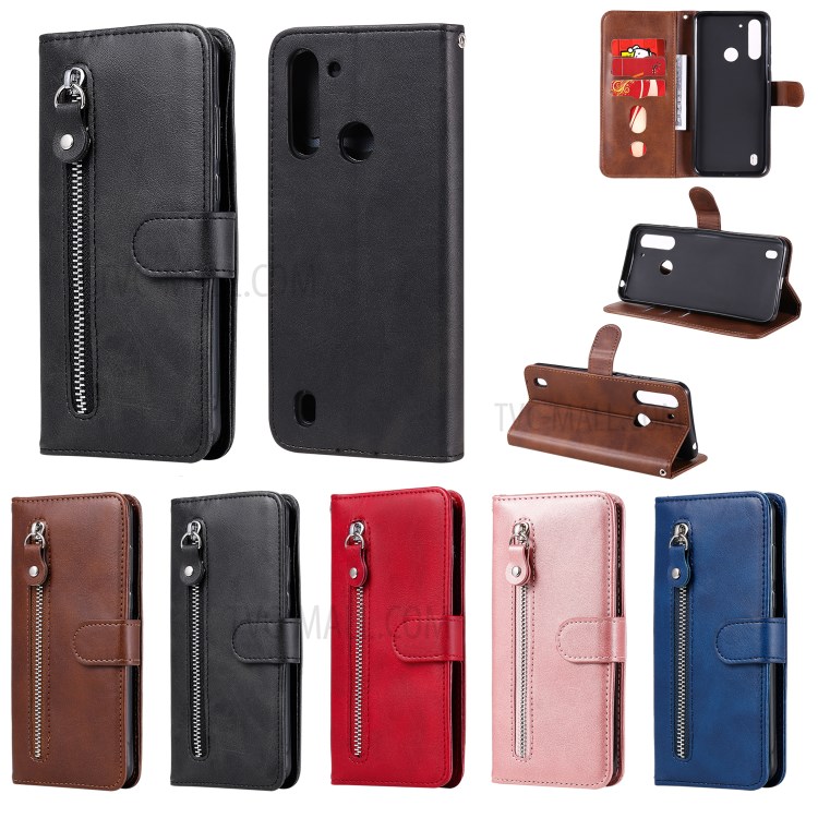 Zipper Pocket Wallet Leather Stand Cover Case for Motorola Moto G8 Power Lite - Black-12