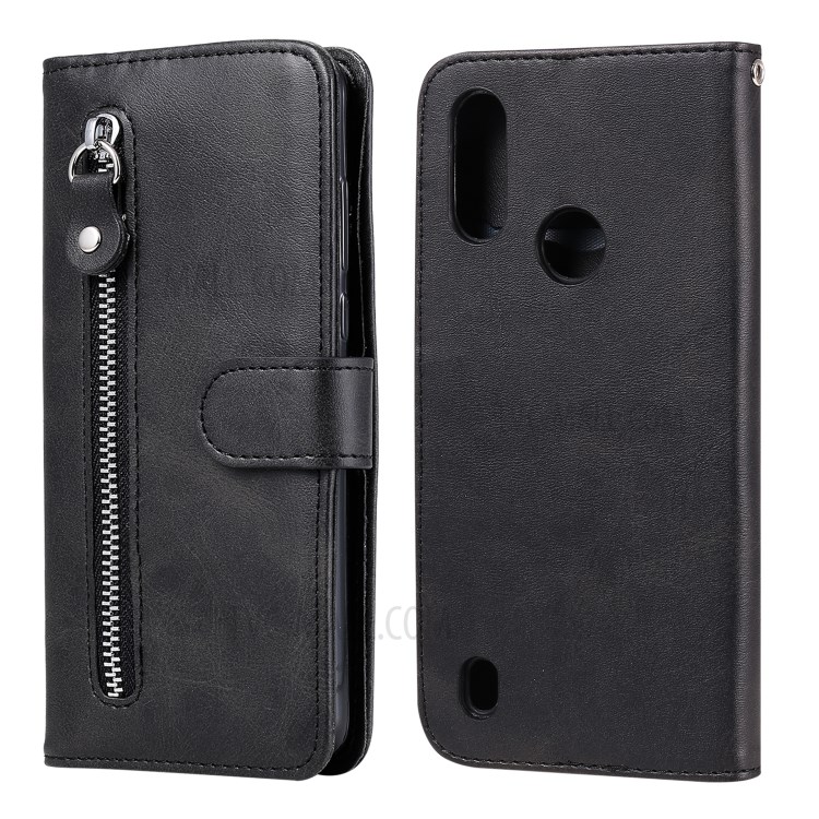 Classic Leather Zippered Wallet Phone Case with Two Cash Pocket for Motorola Moto E6S 2020 - Black-1