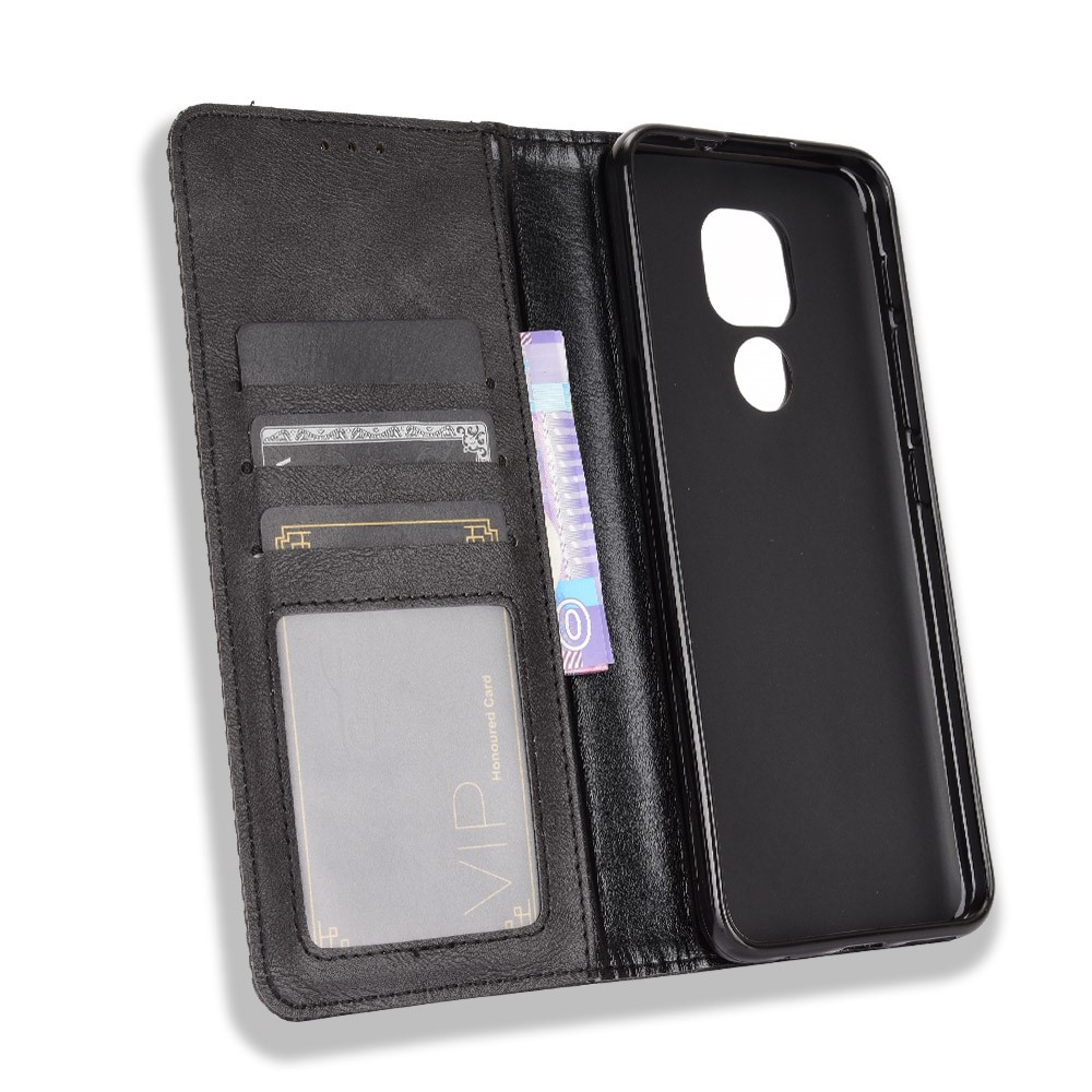 Auto-absorbed Retro PU Leather Shell Wallet Phone Cover for Motorola Moto E7 Plus - Black-3