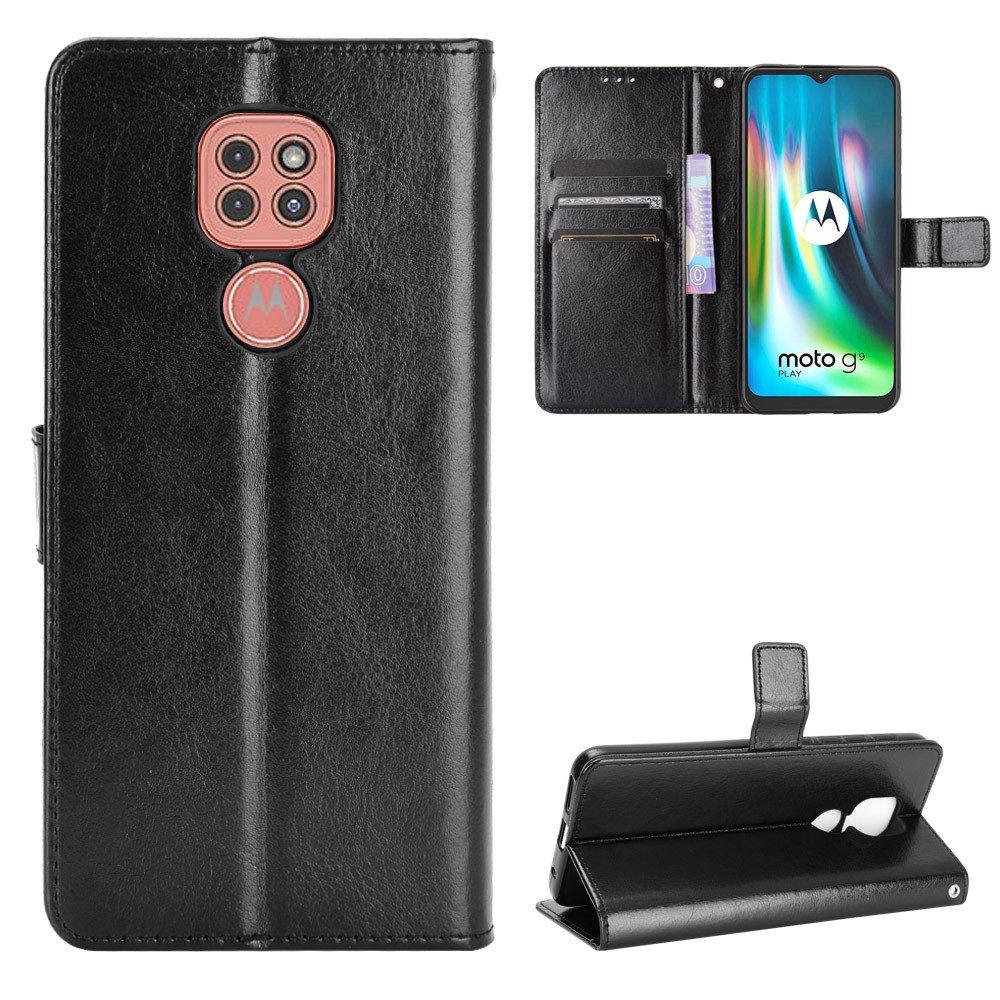 Crazy Horse Leather Shell with Wallet Stand Phone Case for Motorola Moto E7 Plus - Black-1