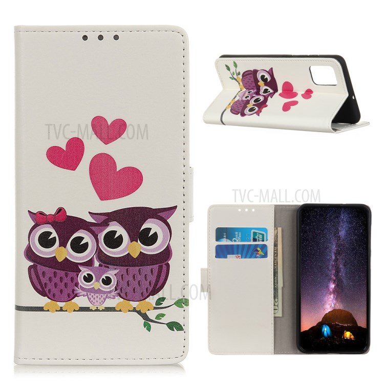 Printing Printing Wallet Leather Protective Cover for Motorola Moto G9 Plus - Owl and Heart-1