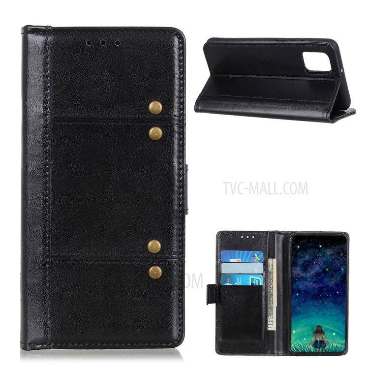 Rivet Decor Crazy Horse Texture Wallet Stand Leather Case for Motorola Moto G9 Plus - Black-1