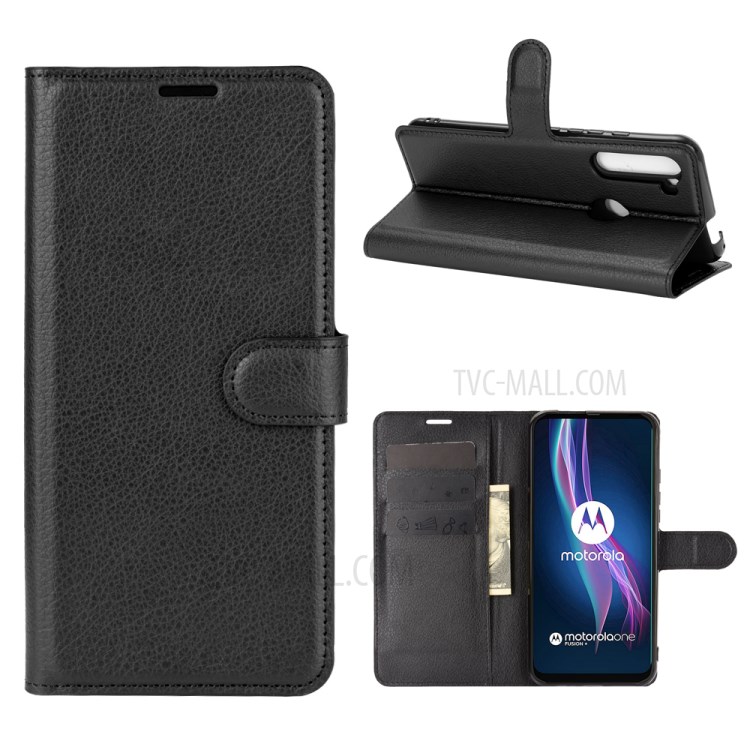 Litchi Texture Leather Wallet Cell Phone Protective Case for Motorola Moto One Fusion Plus - Black-1