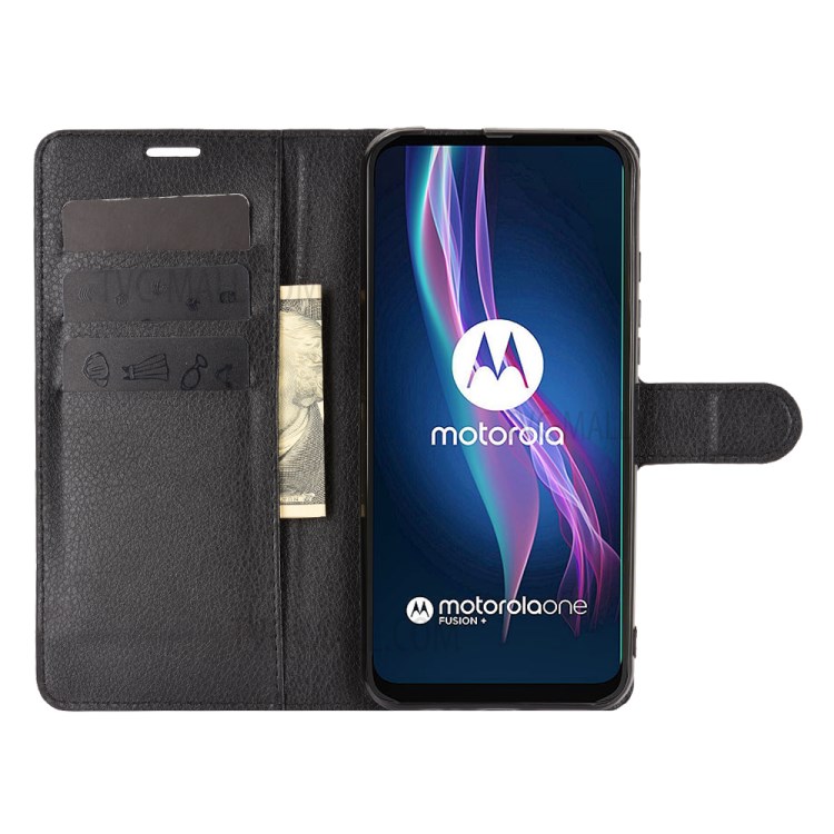 Litchi Texture Leather Wallet Cell Phone Protective Case for Motorola Moto One Fusion Plus - Black-2